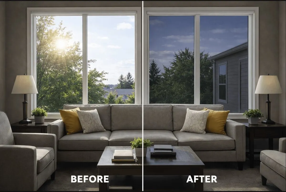 Before and after residential window tint comparison in a living room
