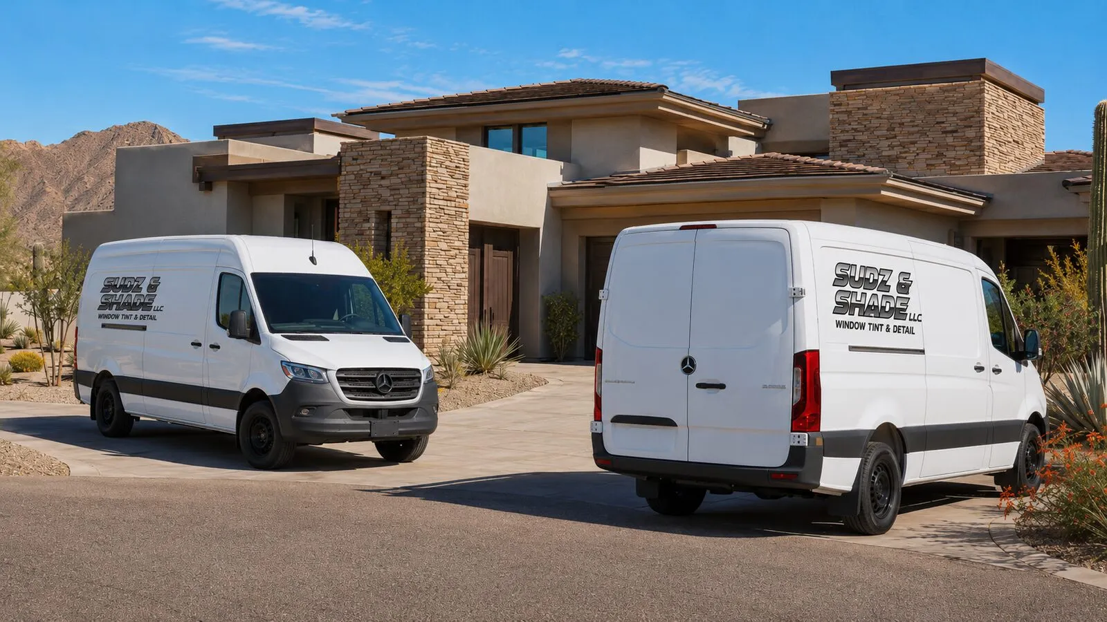 Sudz and Shade mobile window tint service vans at a home in the Phoenix metro